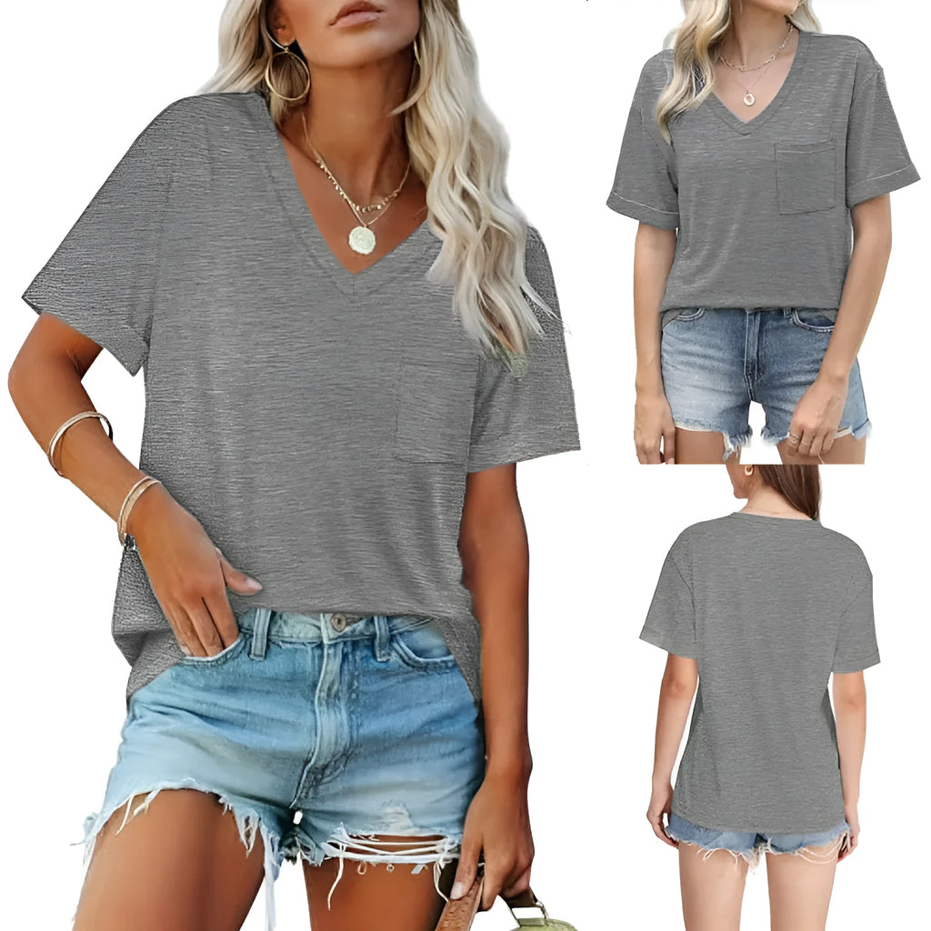 Grey loose fit men's V-neck t-shirt with a chest pocket on the front.