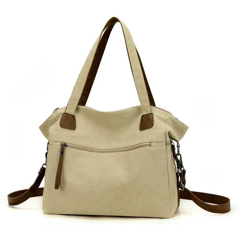 Women's retro canvas shoulder bag in horizontal square shape with multiple compartments