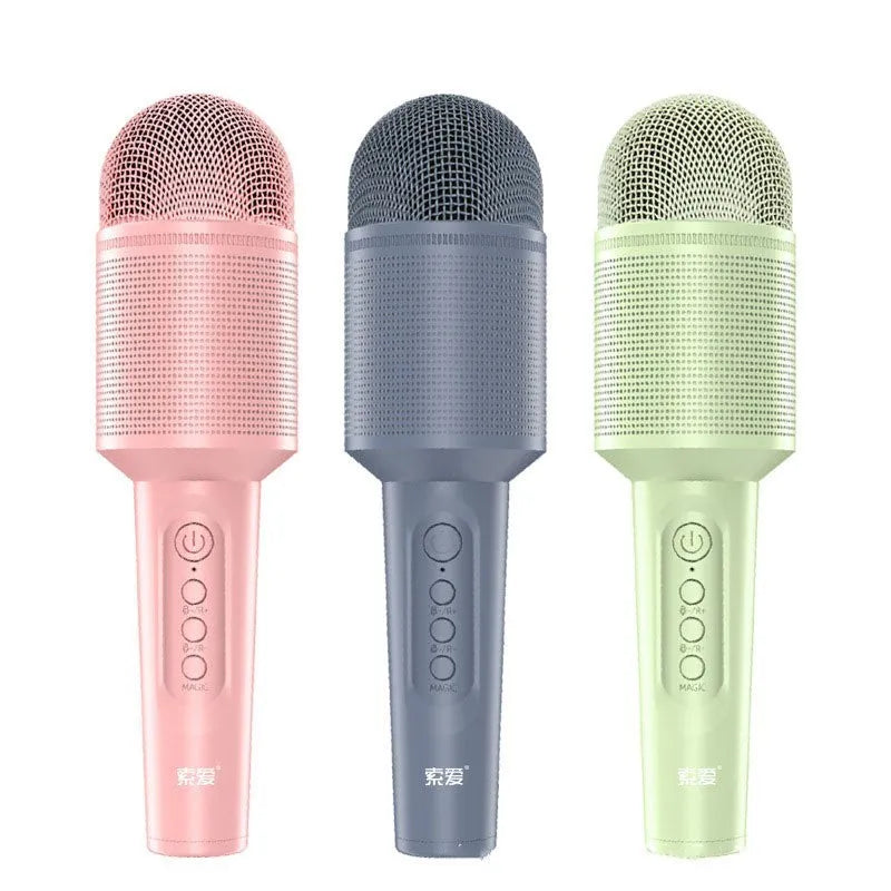 Wireless Bluetooth karaoke microphone in pink, blue, or green colour.