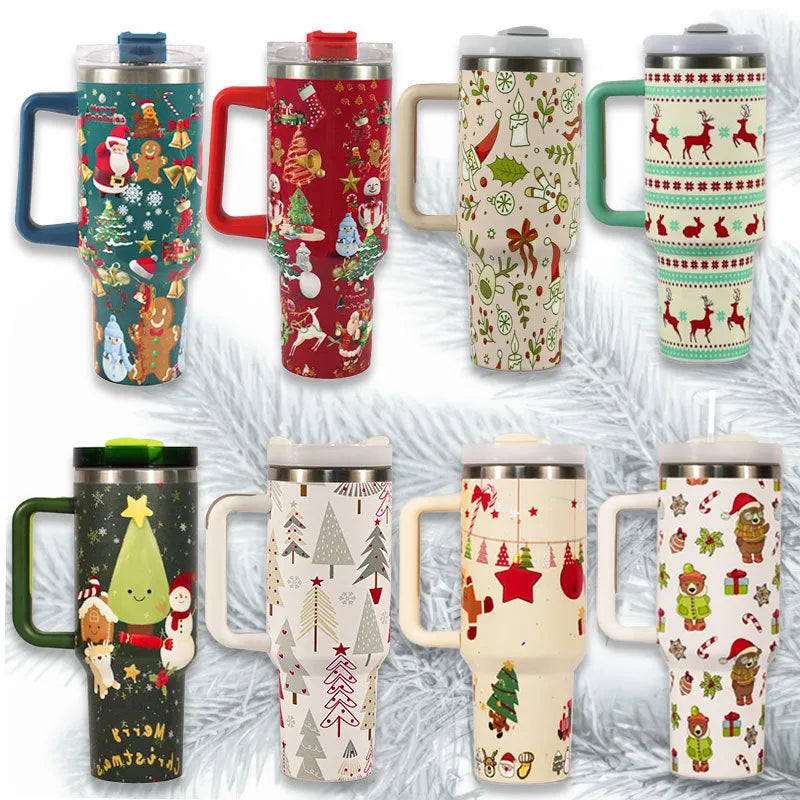 Red stainless steel travel tumbler with handle, straw and Christmas pattern decoration showing 1200ml capacity markings