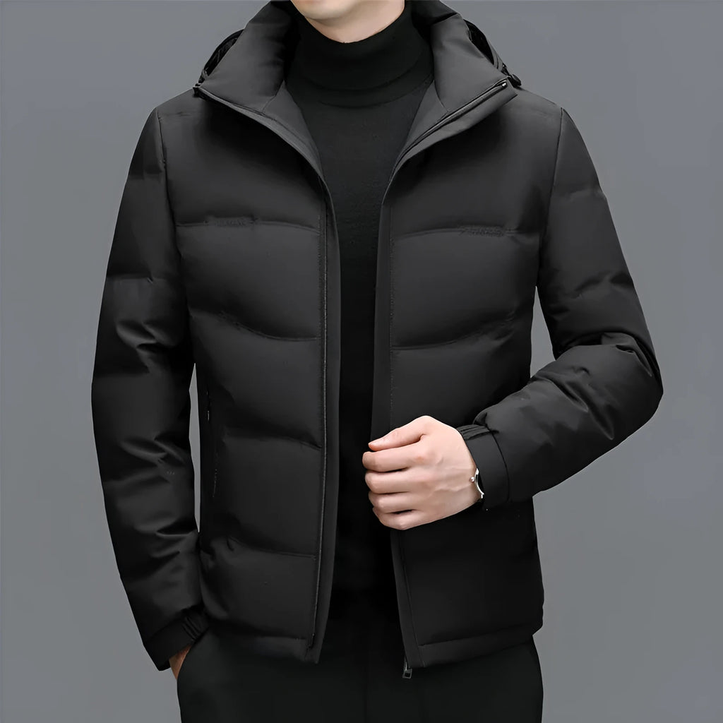 Men's thick down jacket in black with detachable hood, white duck down filling, loose fit
