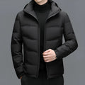 Men's thick down jacket in black with detachable hood, white duck down filling, loose fit