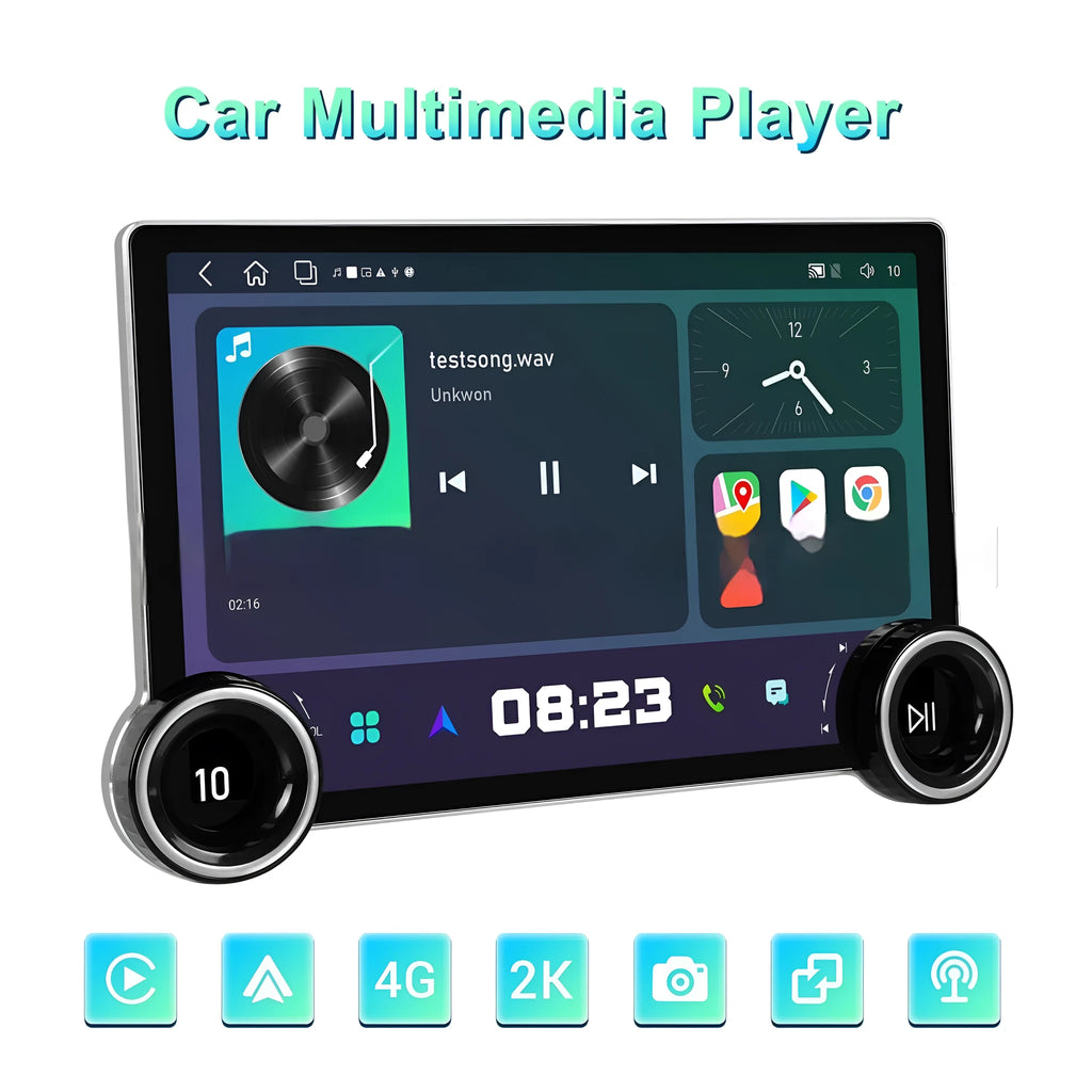11.8-inch Android car multimedia player with dual knobs and large QLED touchscreen display