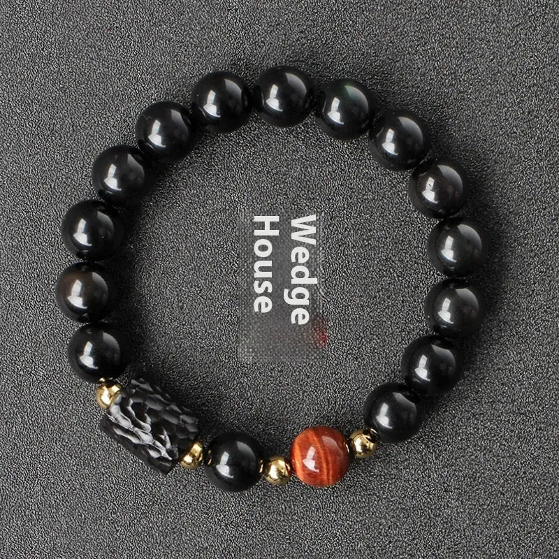 Obsidian bracelet with 10mm tiger eye beads in retro circle style for unisex couple jewellery