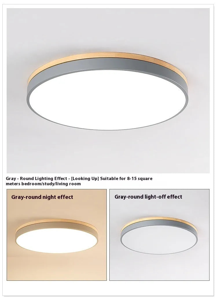 Round Nordic style wooden and iron LED ceiling lamp on a white ceiling.