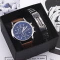 Men's blue light glass quartz wrist watch, 40mm round alloy case, black dial with brown strap