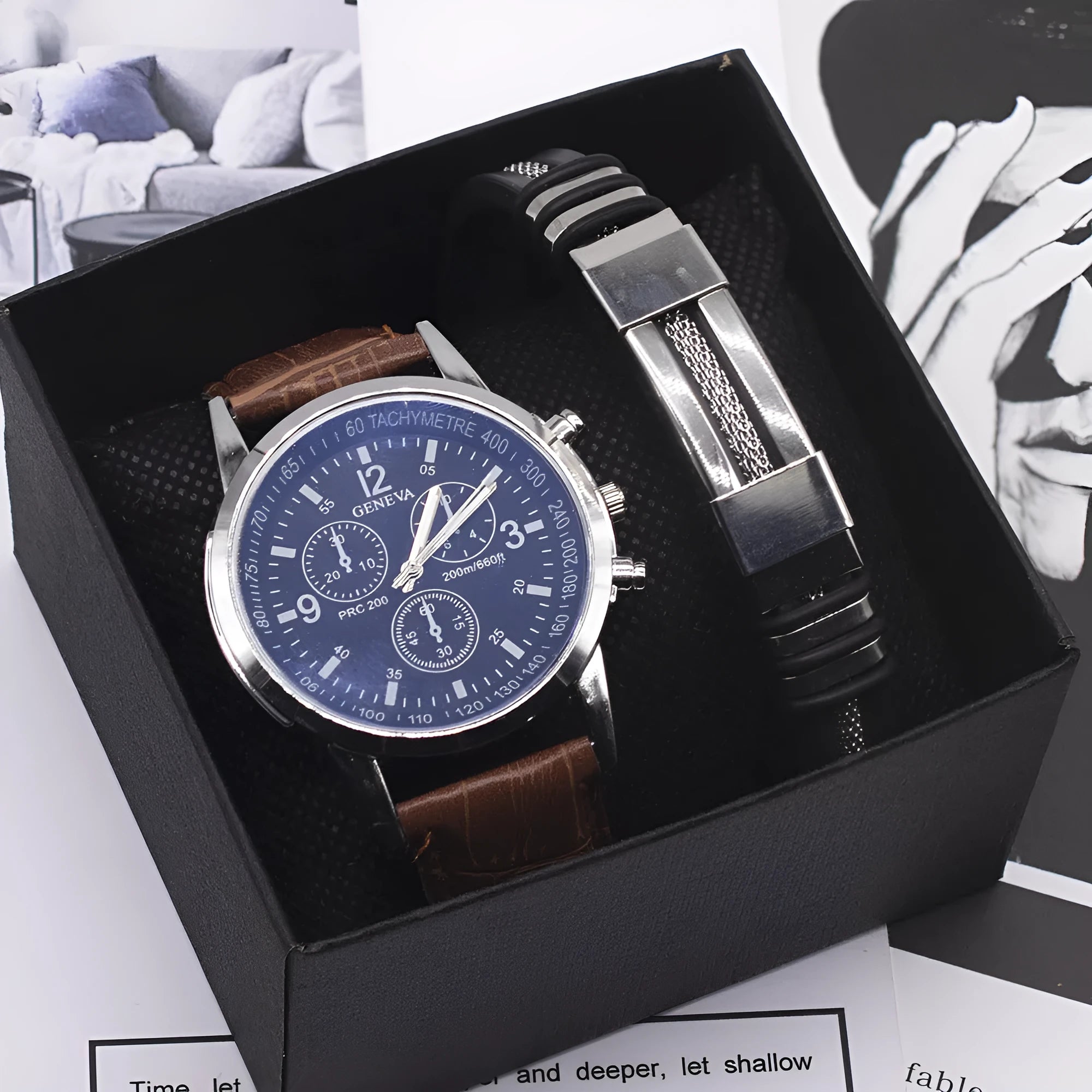 Men's blue light glass quartz wrist watch, 40mm round alloy case, black dial with brown strap