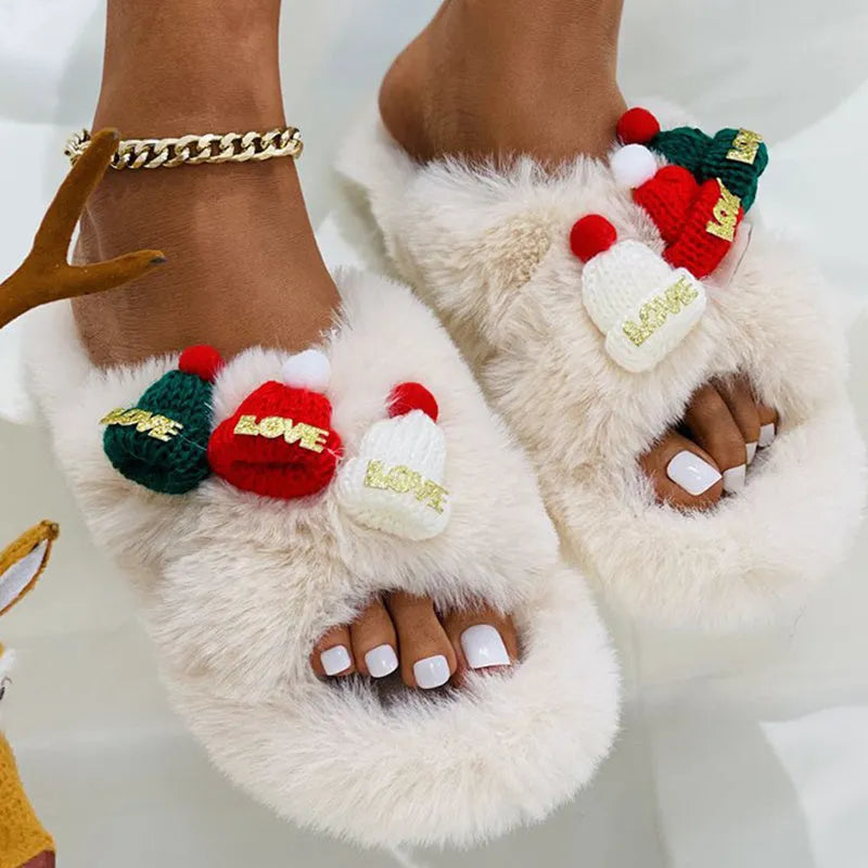 Women's Christmas hat decorative slippers in faux plush with rubber sole