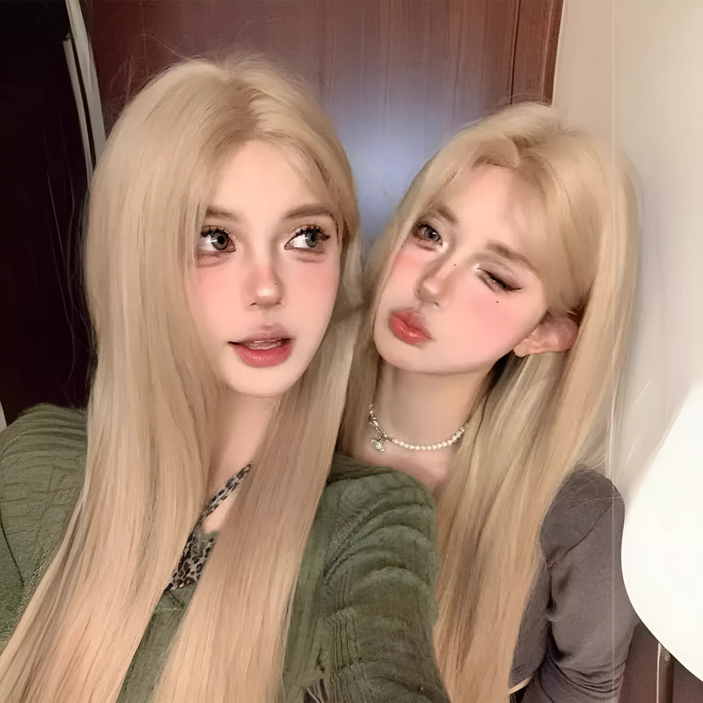 Milk tea blonde straight synthetic wig with hair net on display stand