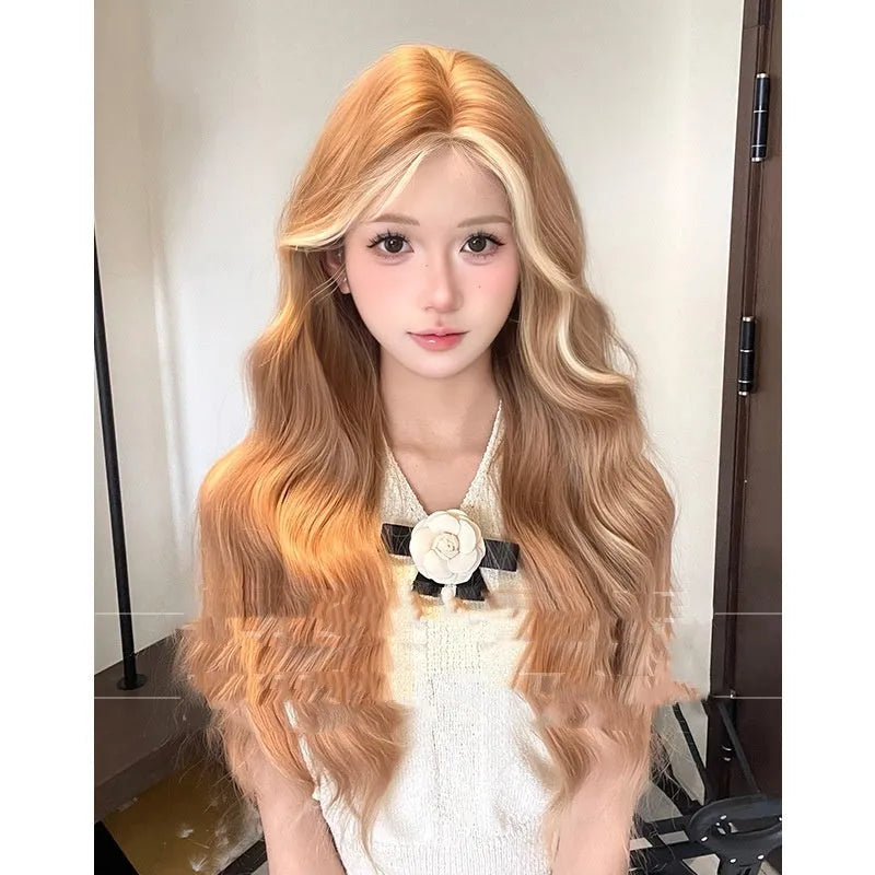 Long curly lace front wig in American highlight gold colour on display stand