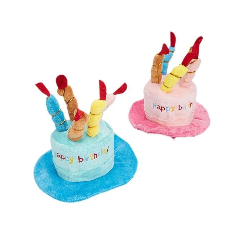 Blue adjustable dog birthday hat on small dog with measurements showing 21cm length 15cm width