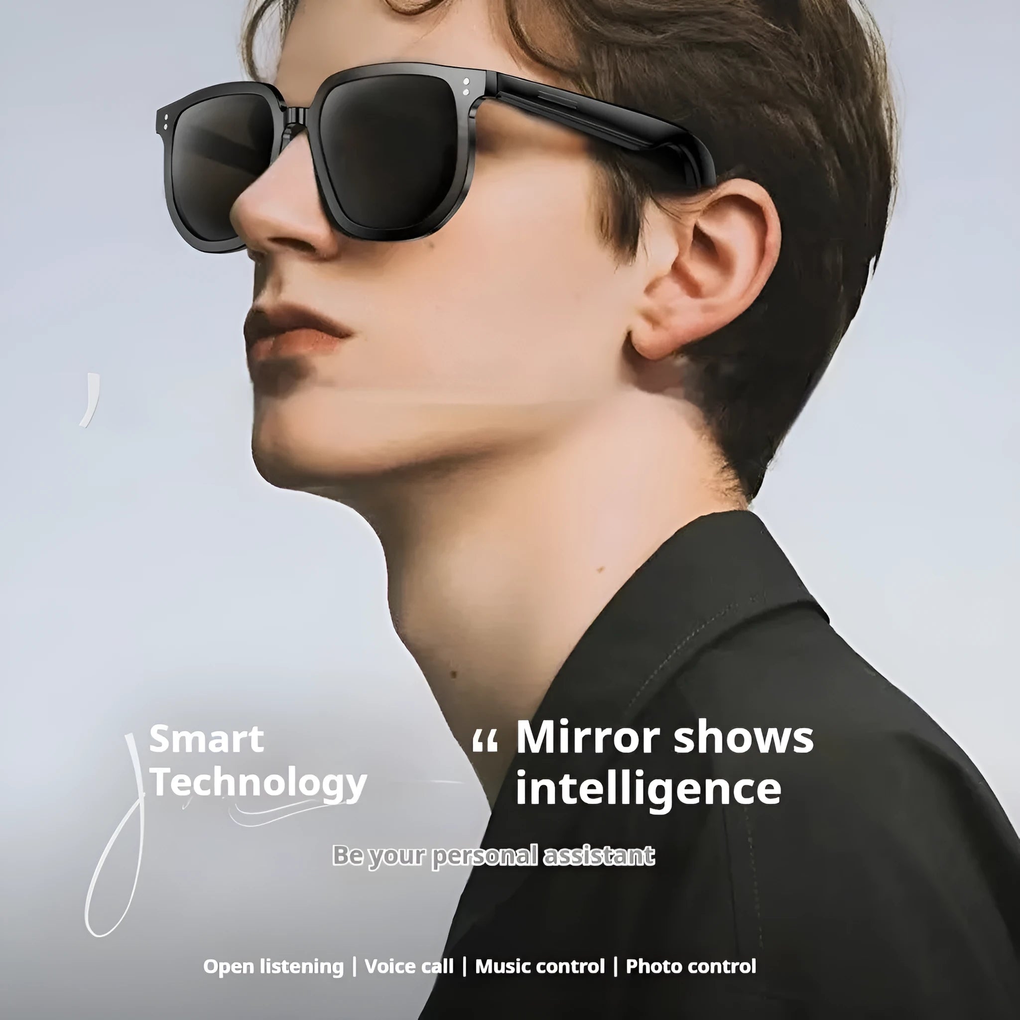 Black AI smart glasses with Bluetooth audio, call functions, and UV protection lenses