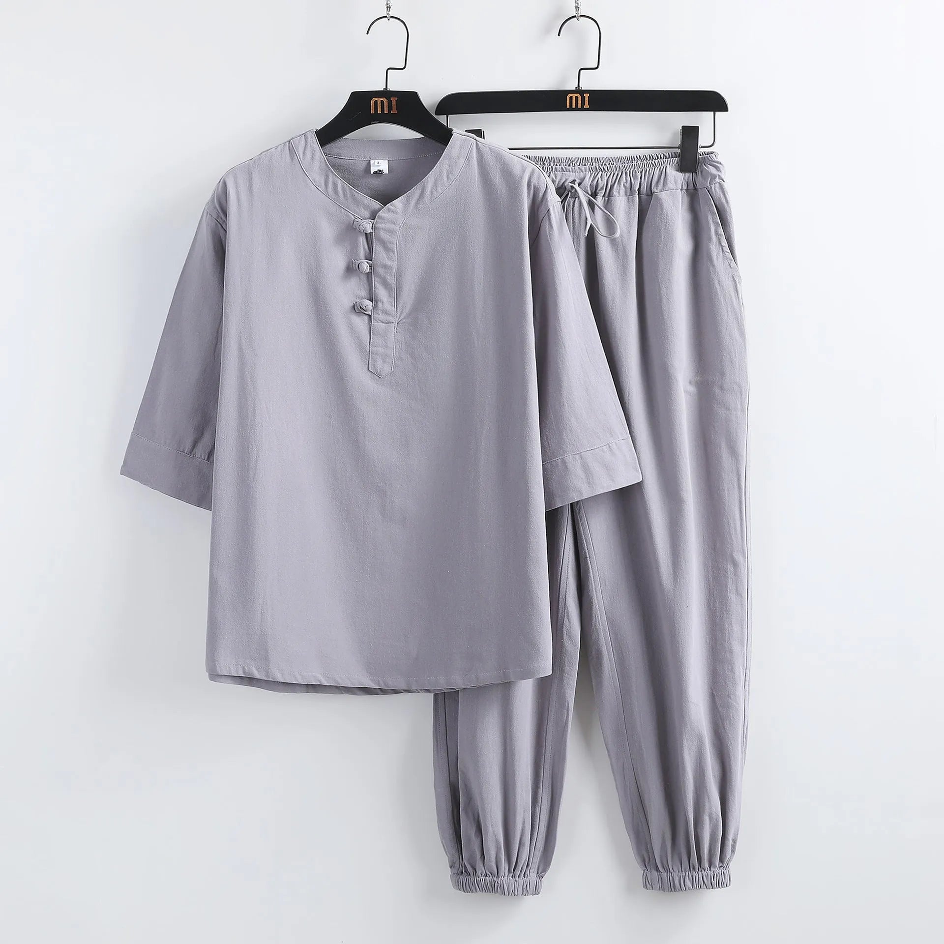 Men's cotton linen short sleeve Hanfu lay Buddhist suit in khaki, with front buckle and matching trousers