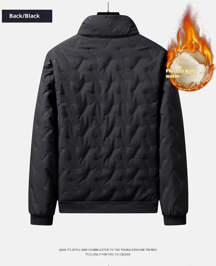 Men's thickened fleece zip jacket and tapered pants set in grey or black, polyester, loose fit, sizes L to 5XL.