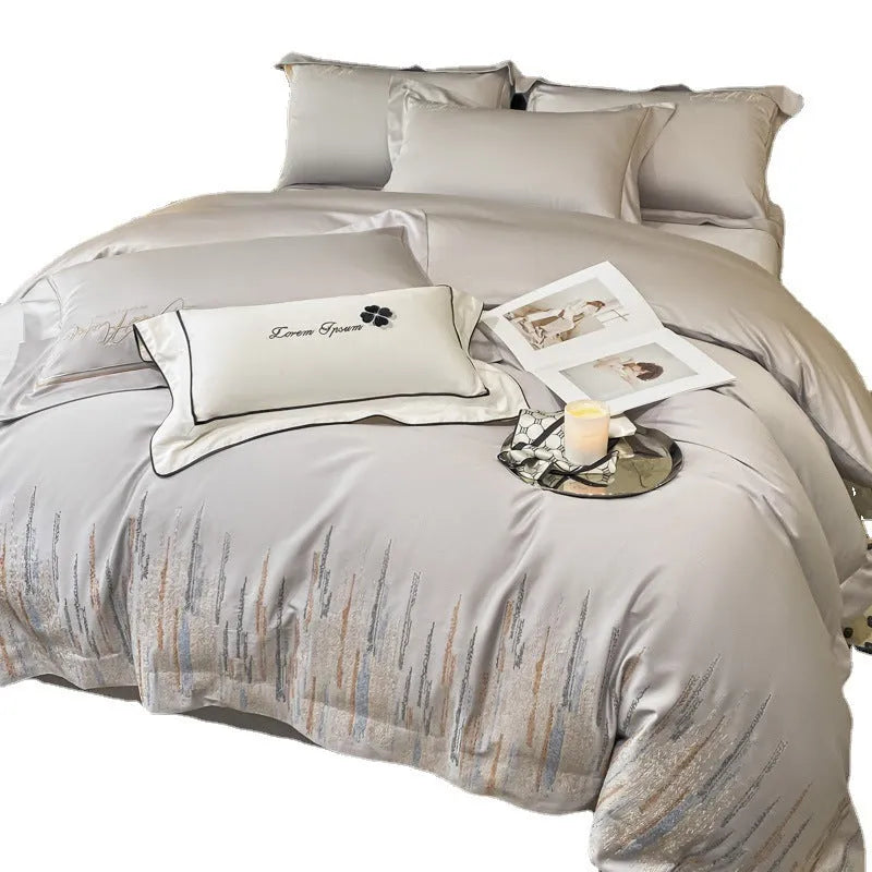 Pure cotton four-piece bedding set with embroidery in Dove Gray, includes quilt cover and pillowcases