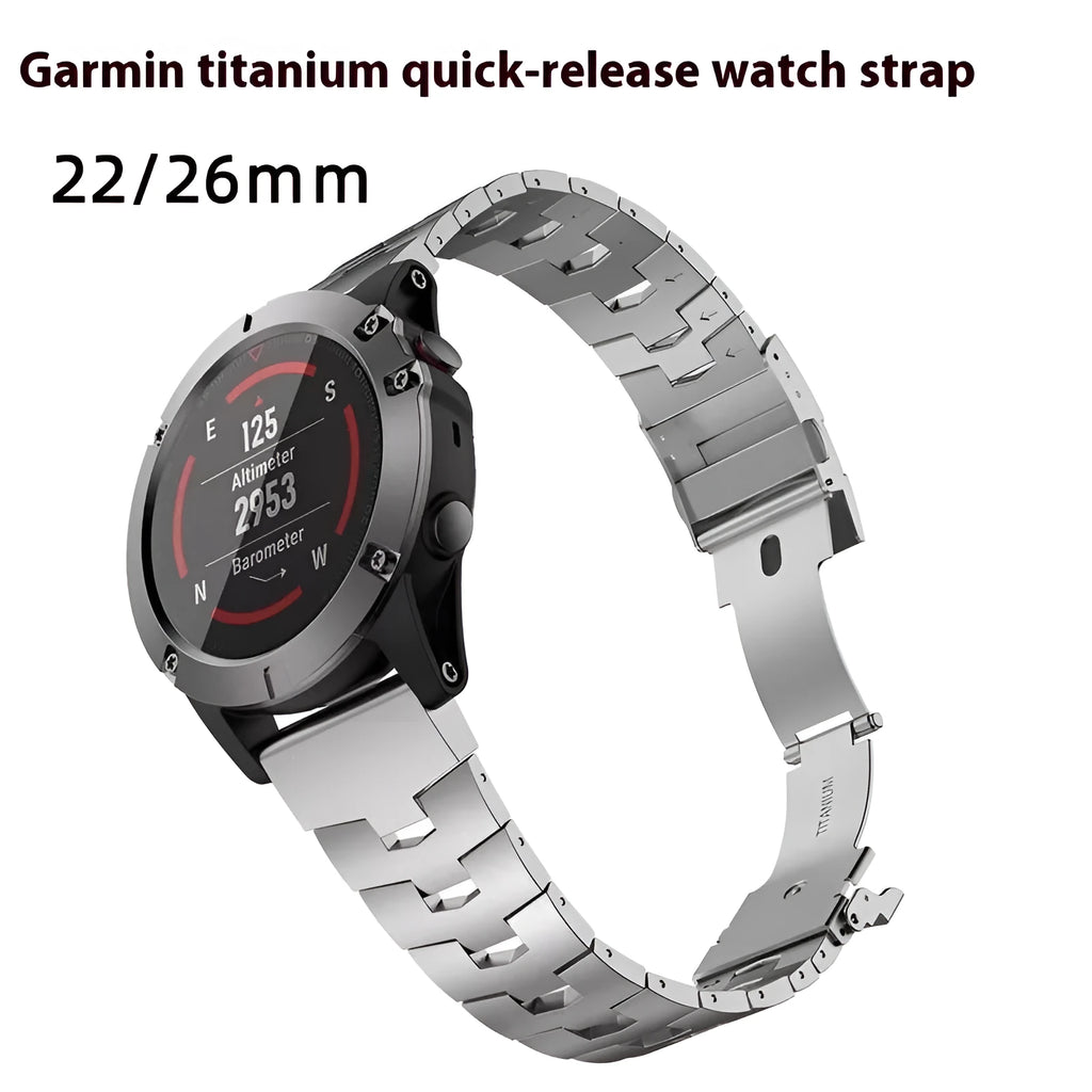 Garmin Fenix compatible watch strap in silver, black, and titanium colours showing 22mm and 26mm width options
