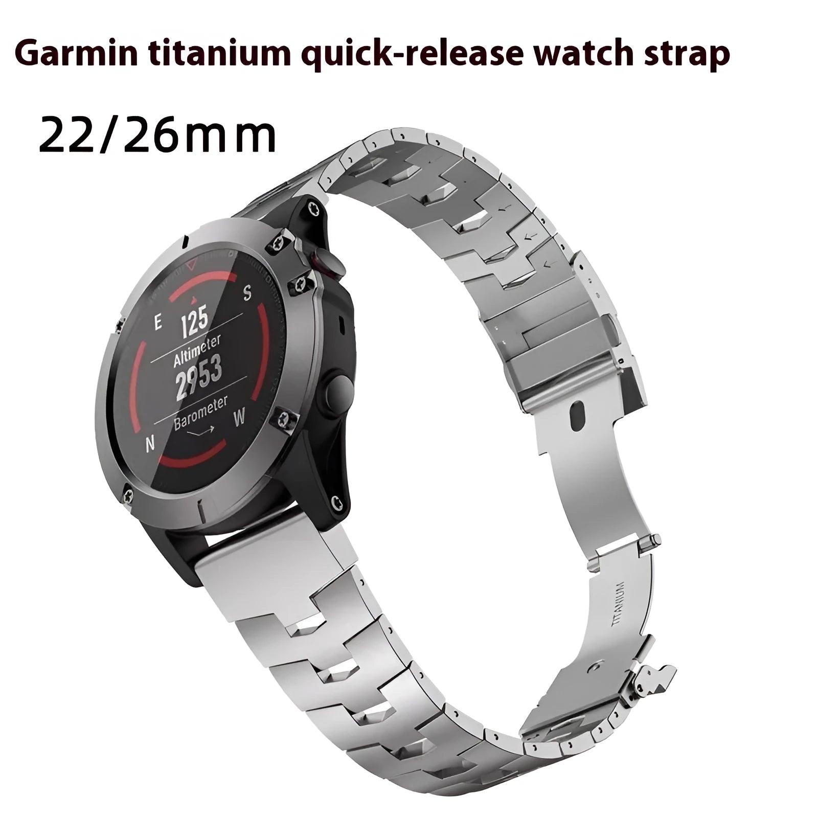 Garmin Fenix compatible watch strap in silver, black, and titanium colours showing 22mm and 26mm width options