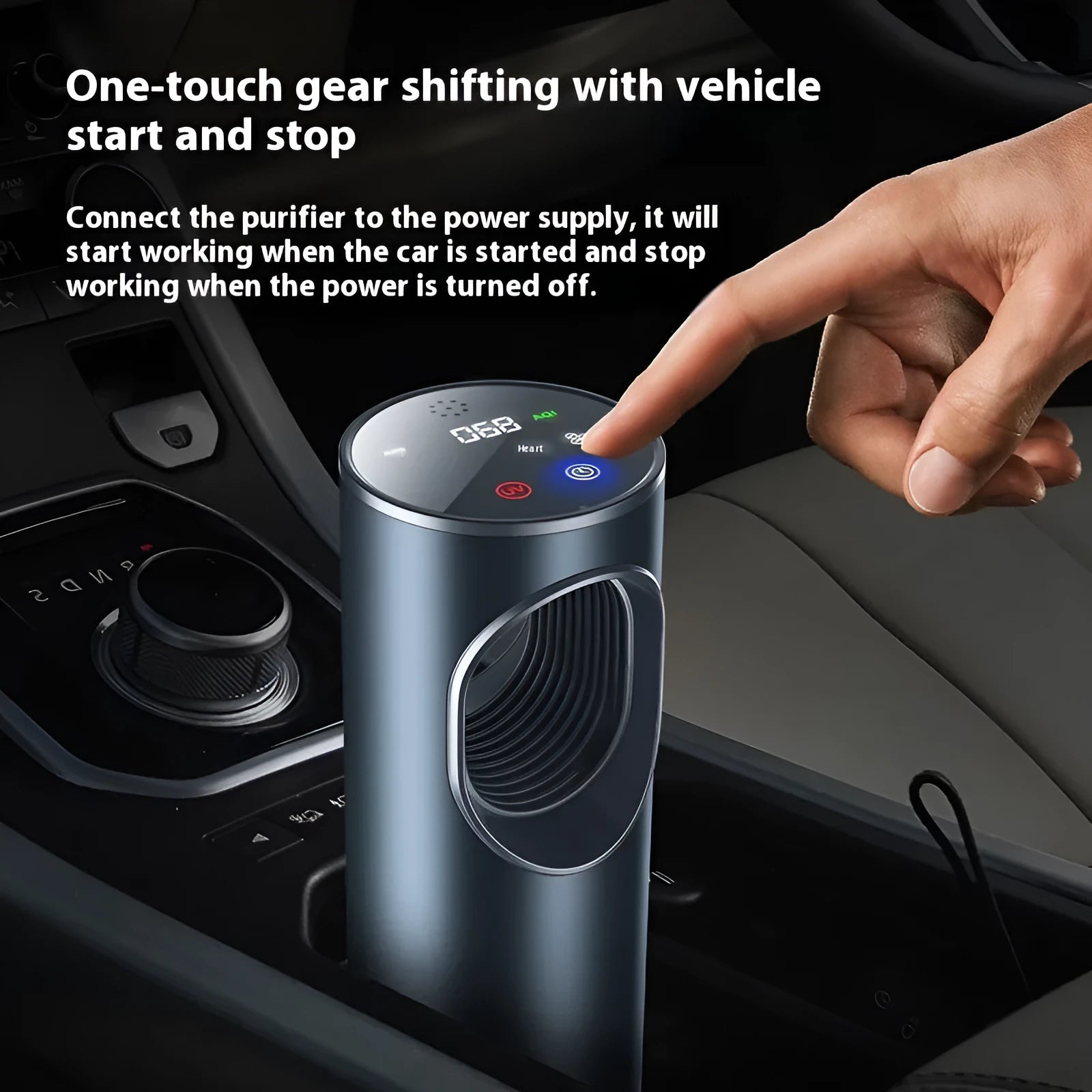 Black car air purifier measuring 68 by 187mm with USB power connection