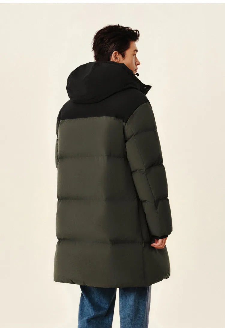 Long waterproof winter coat in army green with duck down filling, front view