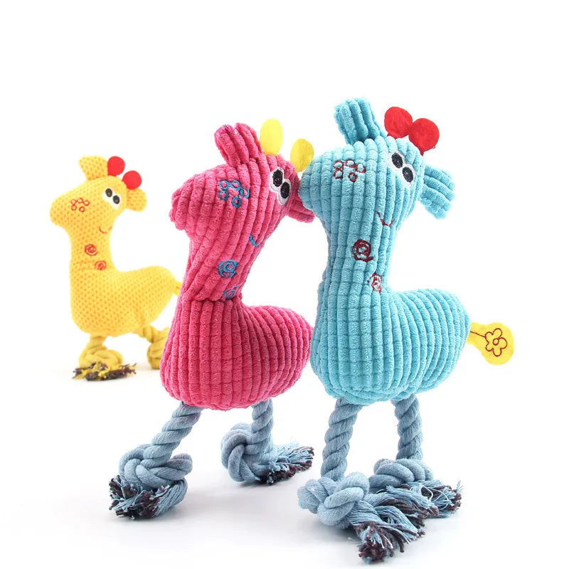 Blue deer-shaped plush dog toy with corn grain texture showing crinkle paper and squeaker sound features