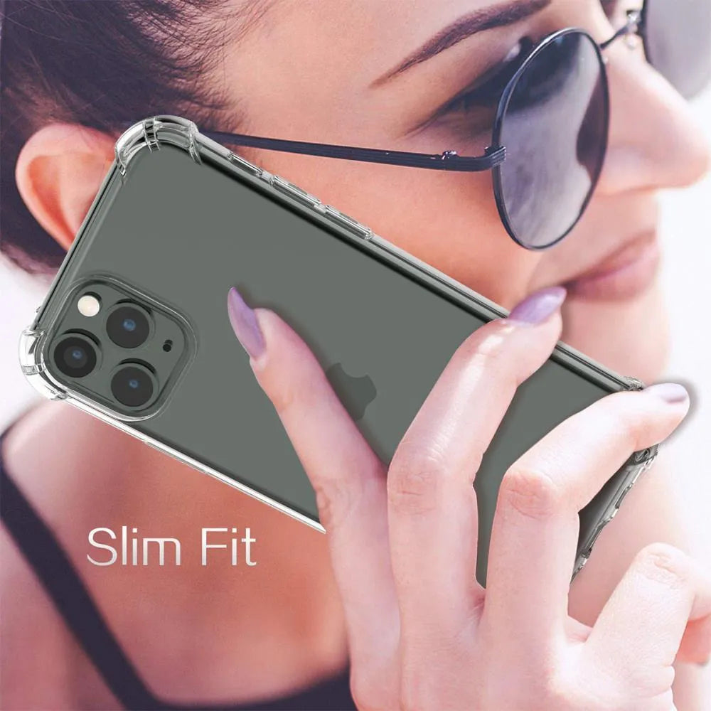 Transparent clear TPU shockproof phone case for Apple iPhone, shown on a table.