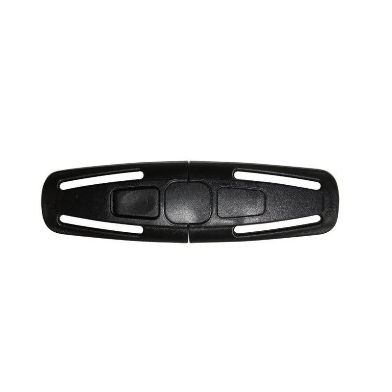 Black PA66 nylon seat belt clip for child car seat harness measuring 14.5cm by 4cm