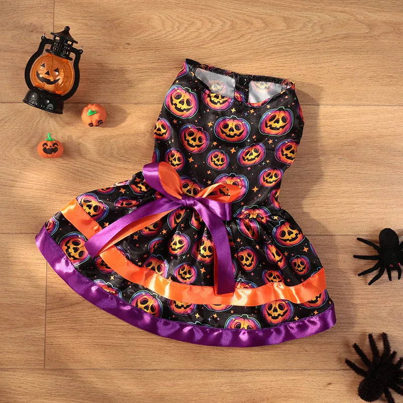 Halloween dog skirt with adjustable waistband in colourful pumpkin design