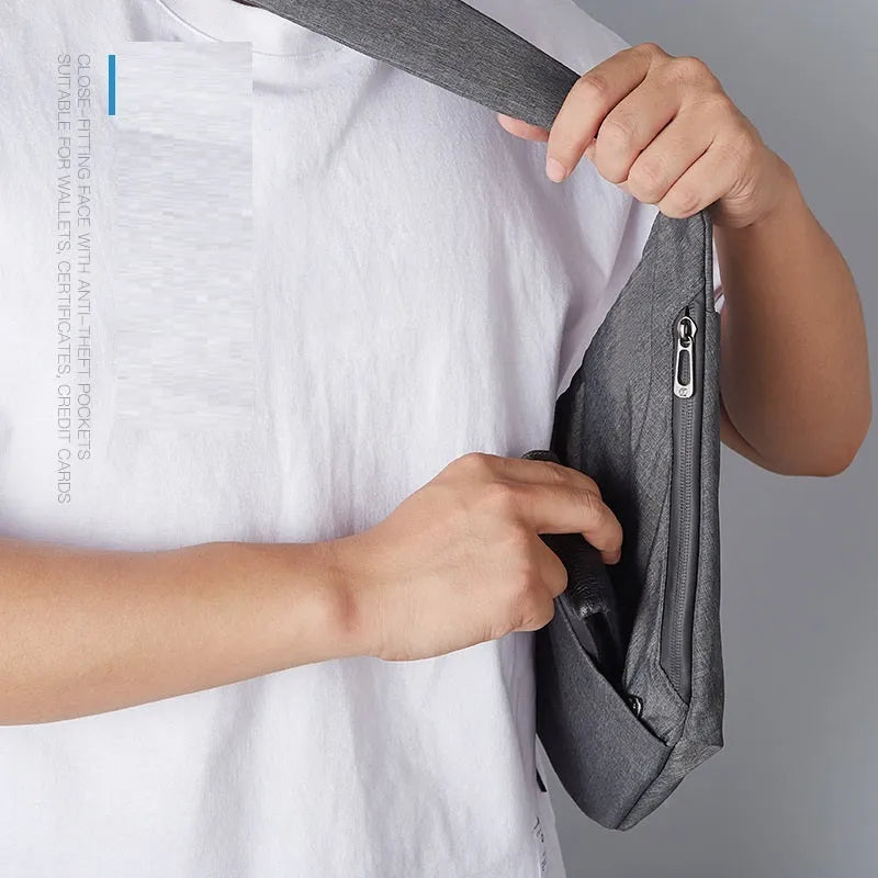 Dark grey right-shoulder polyester crossbody bag with anti-theft function, soft handle, file bag, and zipper pocket