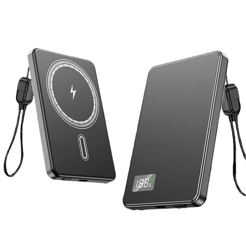Ultra-thin magnetic power bank with lanyard, alloy shell, and digital display