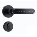 Smart door lock in black with fingerprint sensor in handle, supporting app, password and key unlocking