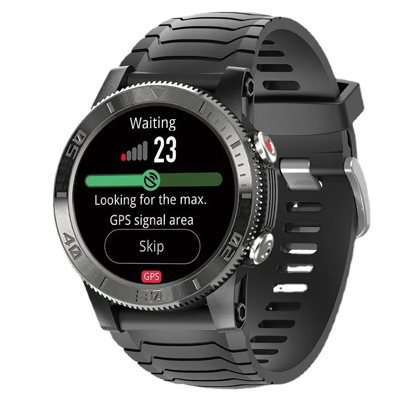 Black smart watch with 48MM dial, 22MM band, GPS heart rate stress compass and 580mAh battery