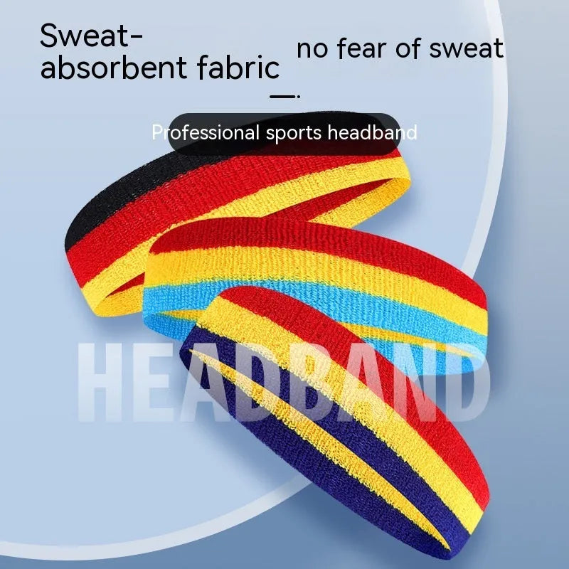A sports headband for adults in a three-colour design, shown alongside other colour options including blue, white, and red.