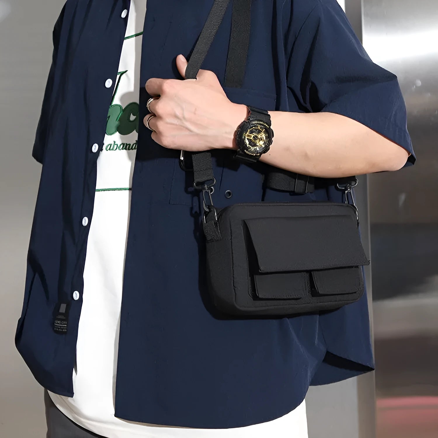Men's lightweight nylon shoulder bag in black with messenger style for student travel and business use