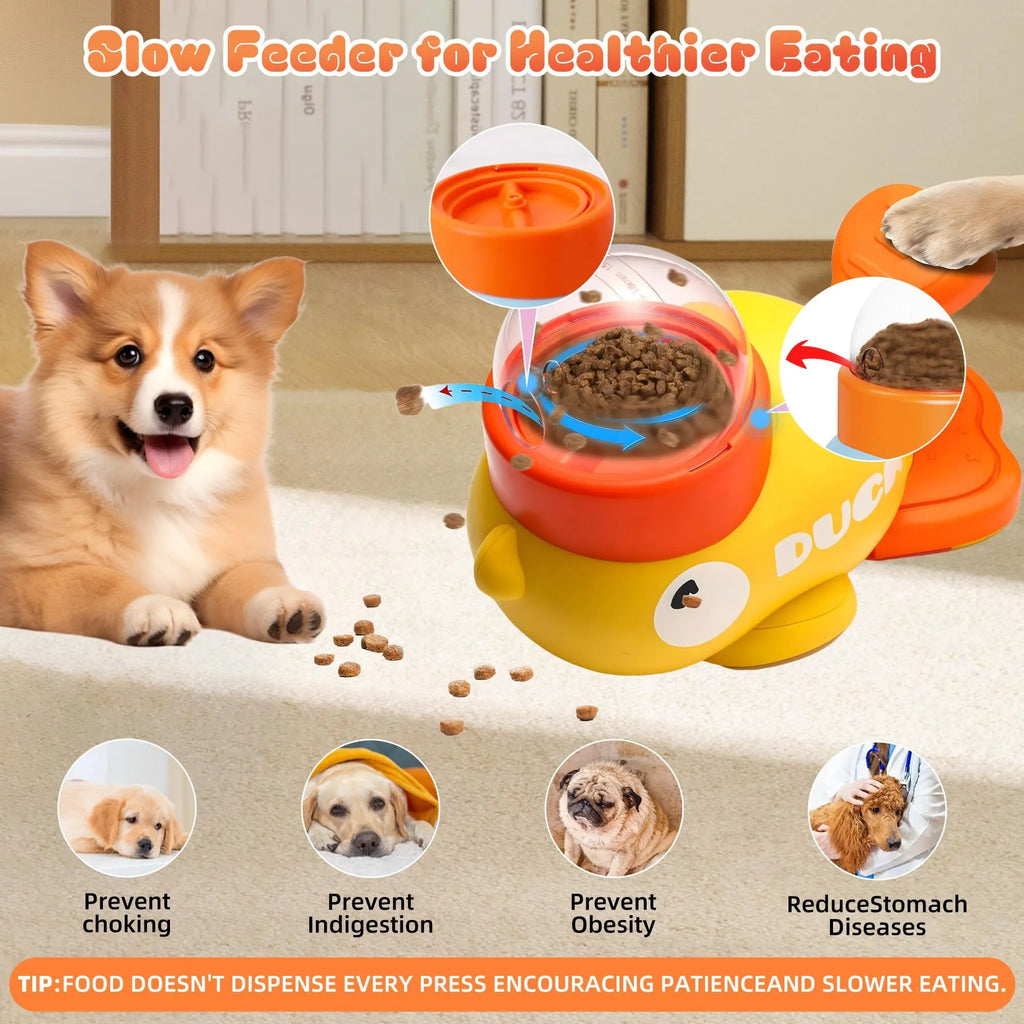 Yellow duck-shaped dog treat dispenser with rotating food container and non-slip base on floor