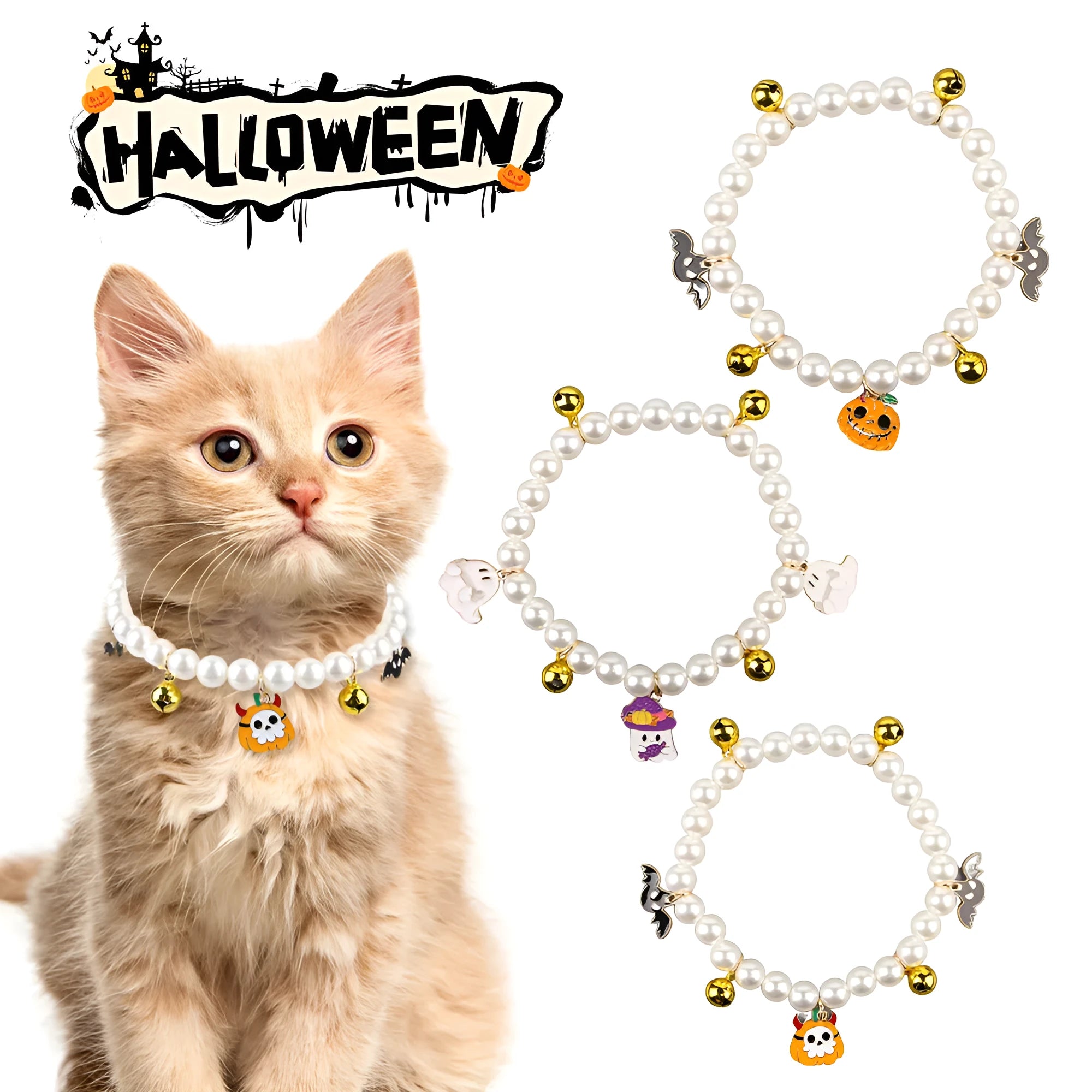 Halloween cat collar with simulated pearl necklace design in pumpkin pattern options