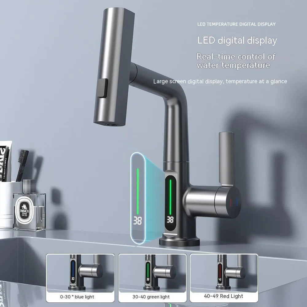 Digital display pull-out faucet showing water temperature with extendable hose