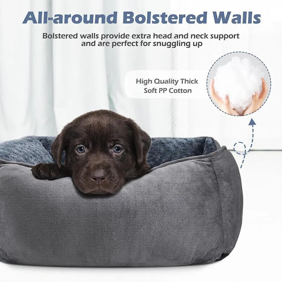 Golden retriever stuffed plush pet kennel bed for dogs and cats in beige.