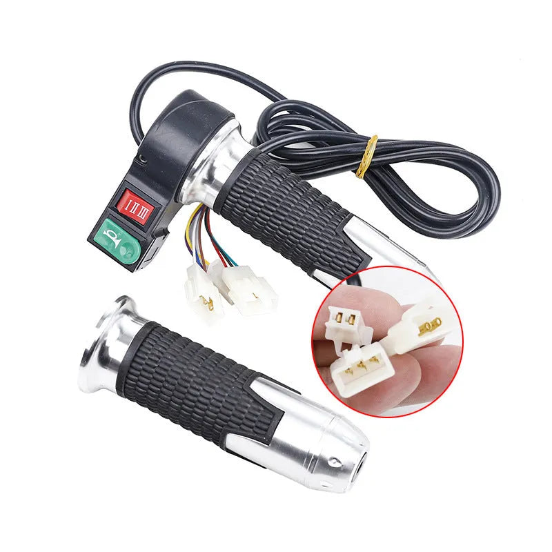 Plastic three-speed rotating handle for modifying a three-wheel electric car's accelerator, shown in a choice of colours.