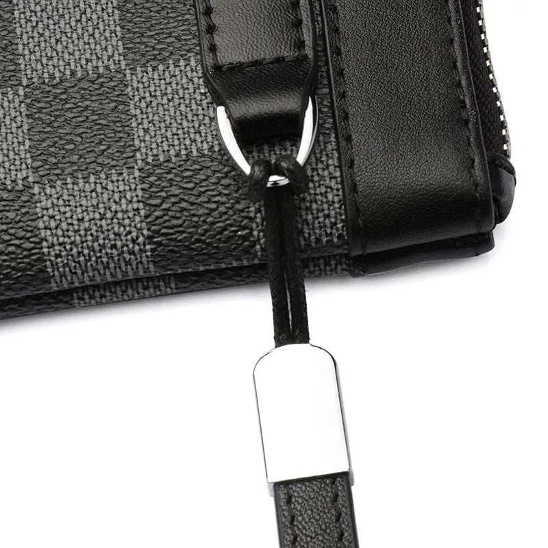 Black men's leather plaid clutch wallet showing first layer cowhide construction with 20x10cm dimensions
