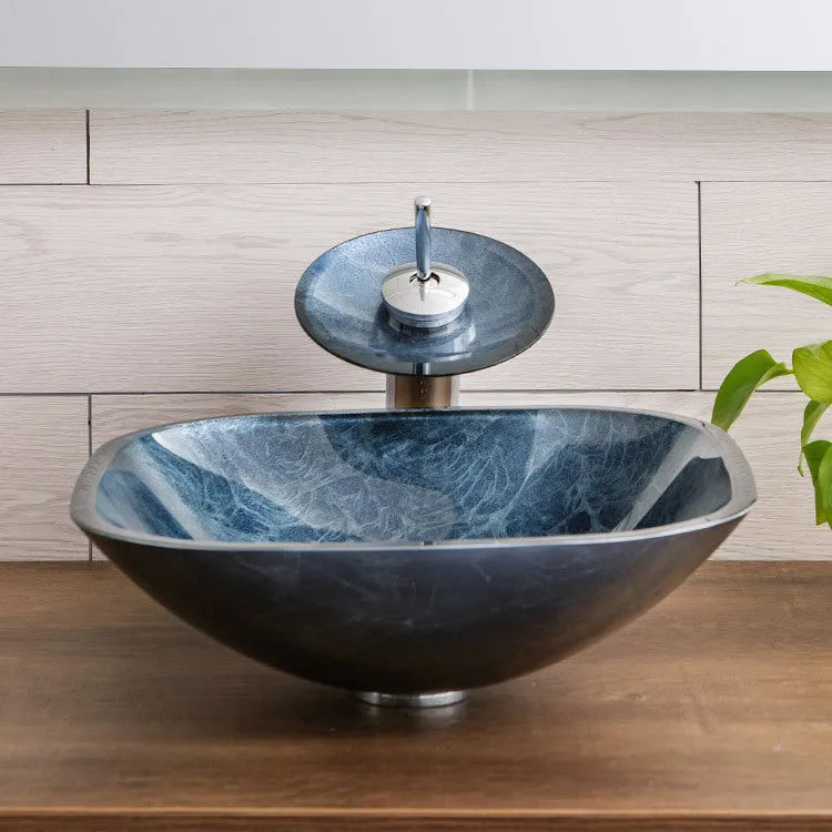 Blue grey tempered glass table basin with simple art design for bathroom installation