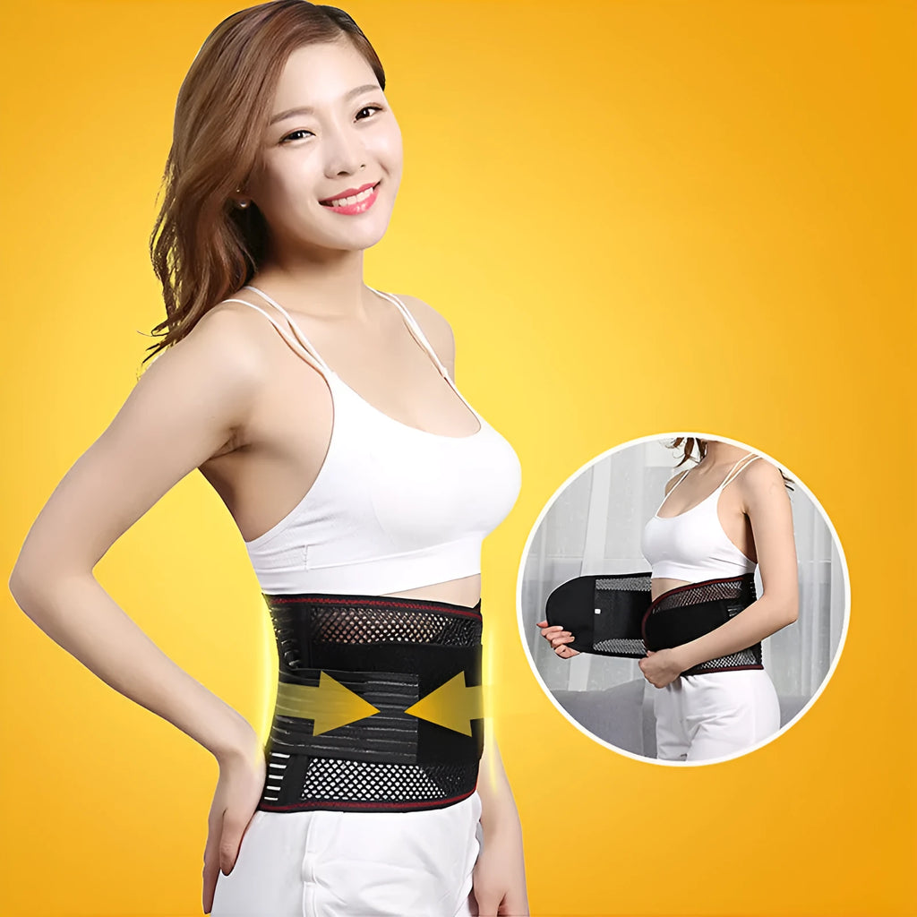 Black sports waist support belt with internal steel plate for lumbar protection, shown on a plain background.