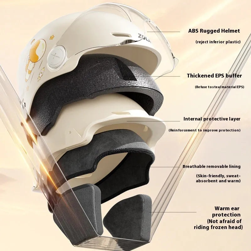 Khaki coloured electric motorcycle half helmet with a long clear visor on a grey background.