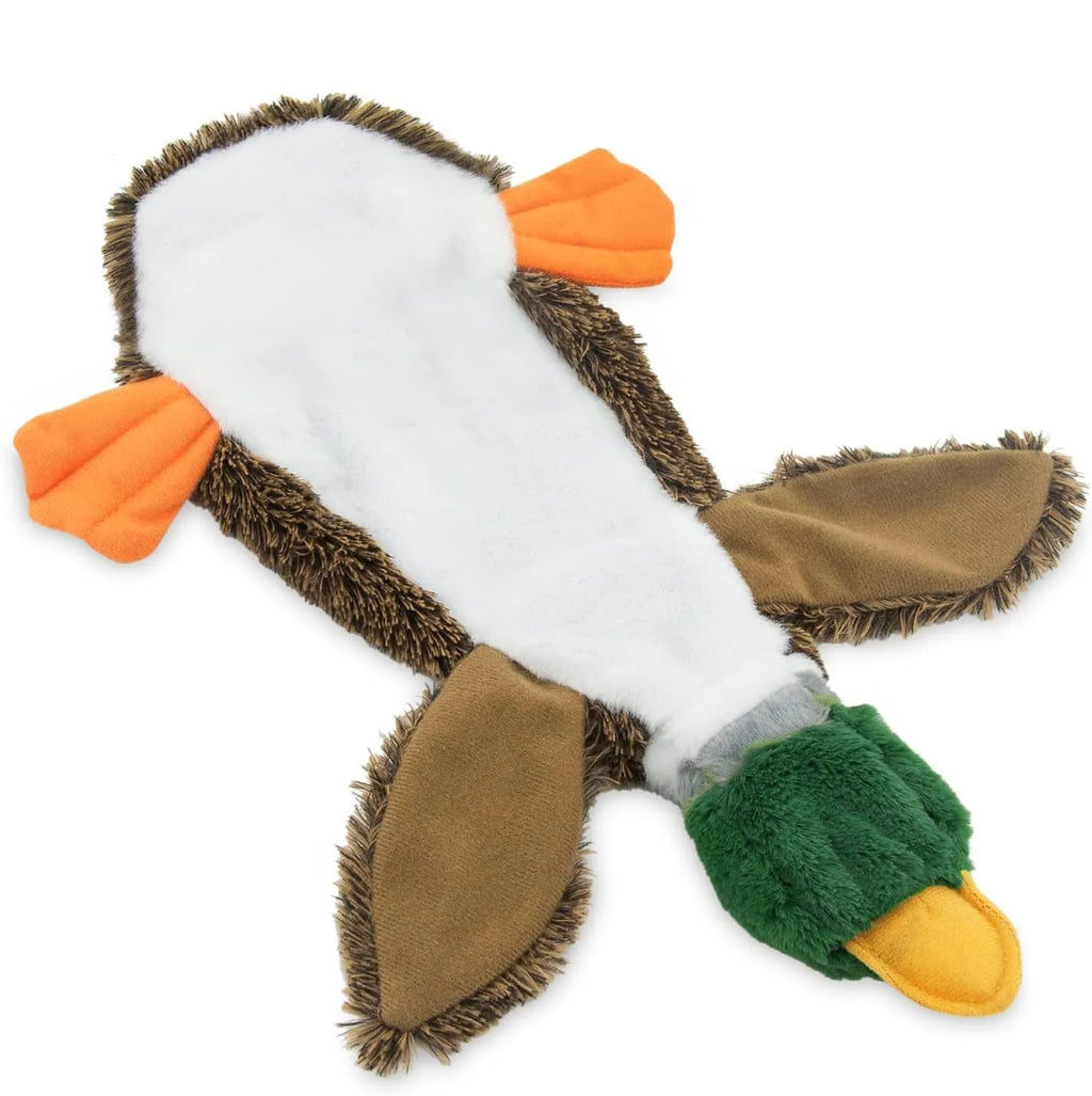 Green Wild Duck stuffless dog toy with squeakers, showing cavity for plastic bottle.