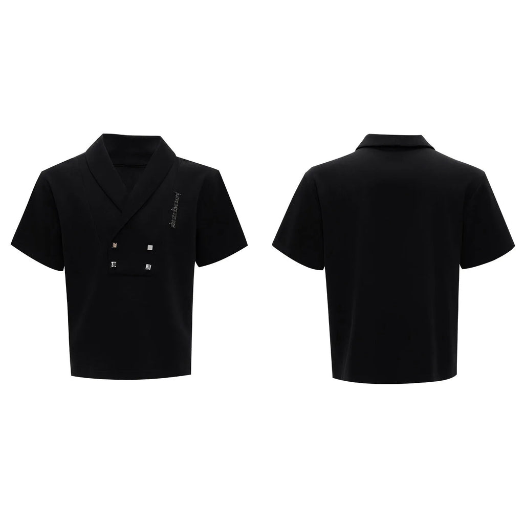 Men's dark grey metal embellished sports suit with V-neck jacket and shorts on a hanger