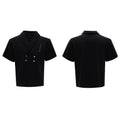 Men's dark grey metal embellished sports suit with V-neck jacket and shorts on a hanger