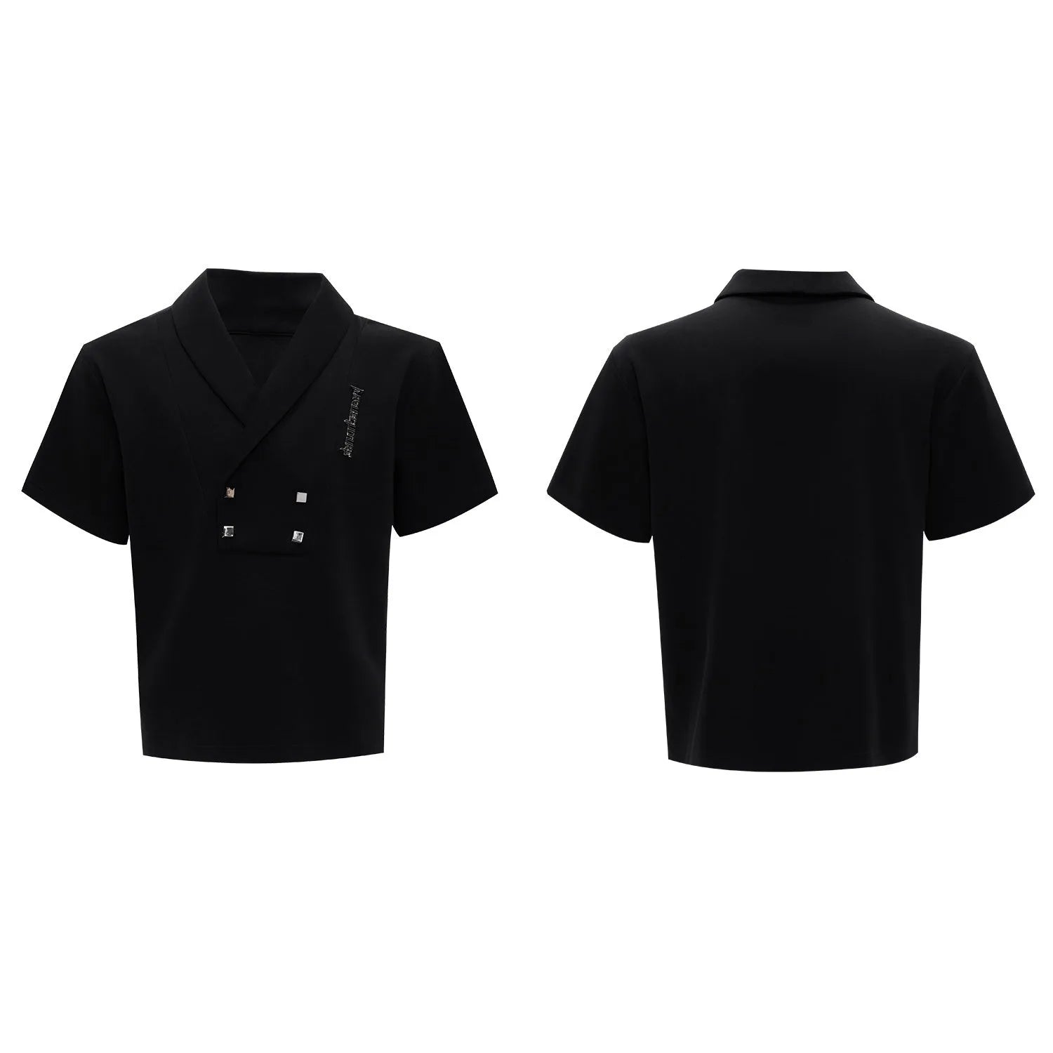 Men's dark grey metal embellished sports suit with V-neck jacket and shorts on a hanger