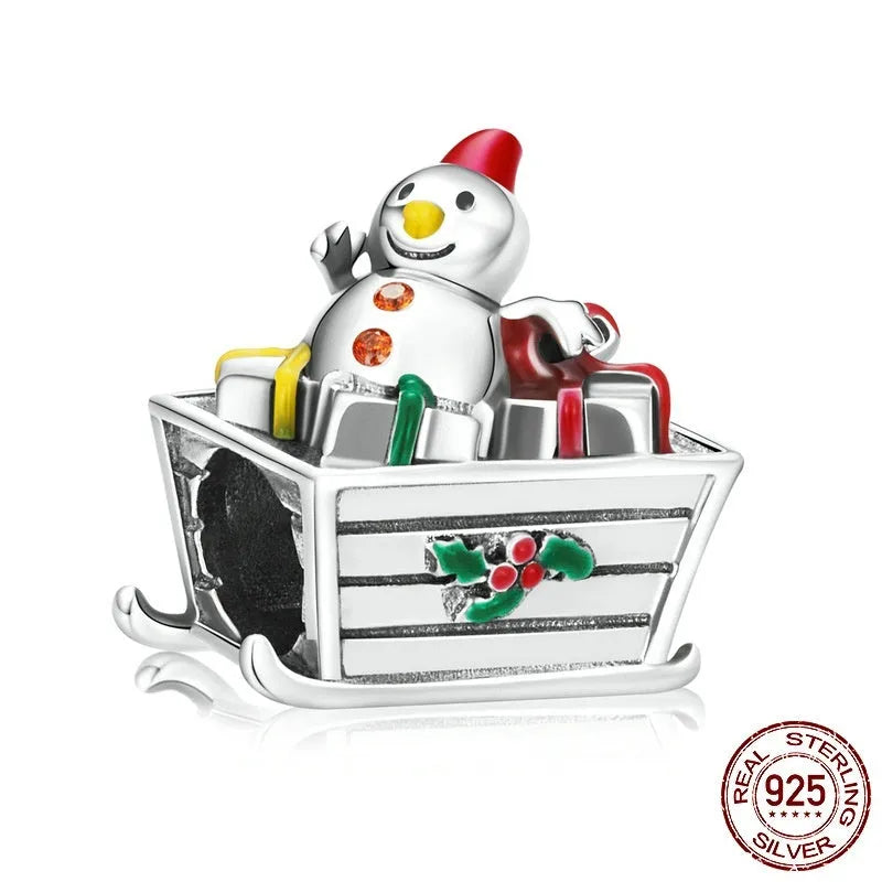 Christmas snowman car S925 sterling silver bead with glossy drip oil finish on white background