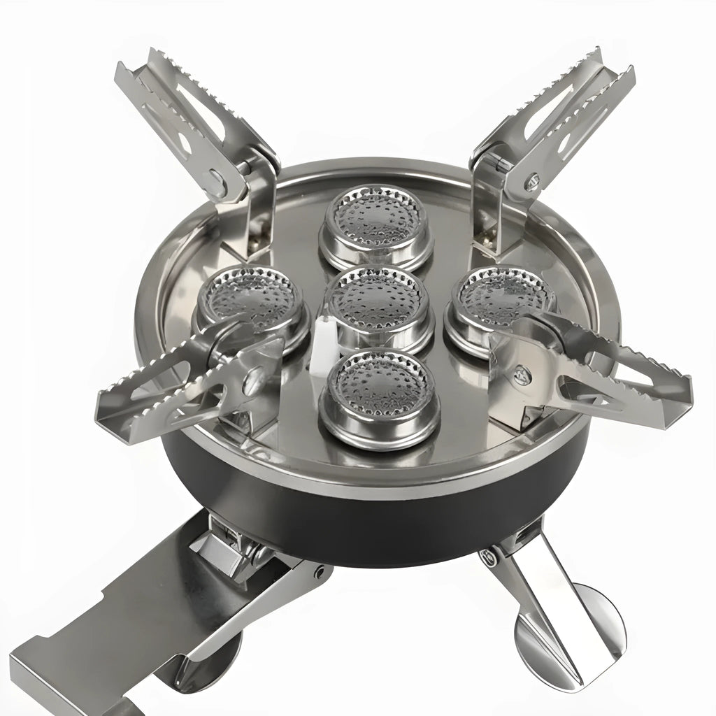 Silver foldable stainless steel and copper split camping stove with a long hose, shown closed for transport.
