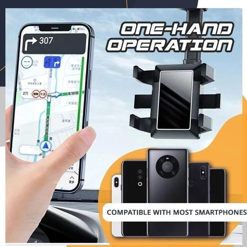 Black rearview mirror phone holder with rotating head and telescopic arm mounted on a car mirror.