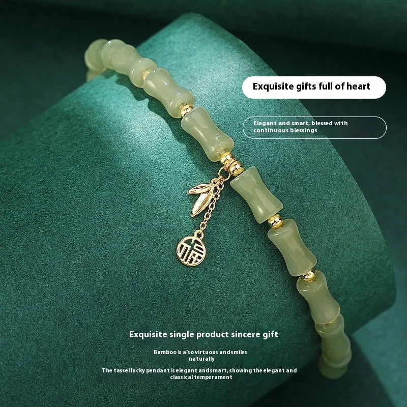 Green Chinese bamboo design Hetian jade bracelet and matching necklace set
